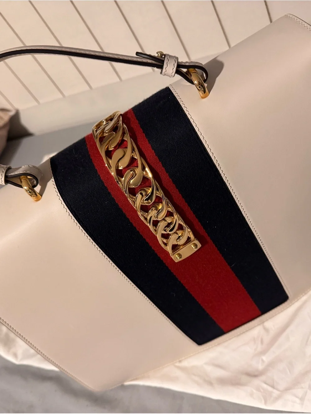 Gucci Cream Leather Top-Handle Satchel with Red & Navy Stripe